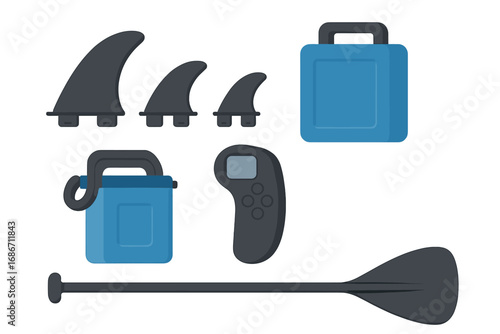 Electric surfboard and SUP gear set. E-foil and jetboard accessories kit with battery, controller, fins, and paddle. Watersports equipment vector illustration in flat design.