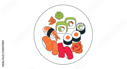 sushi platter illustration a delicious japanese feast, isolated on transparent background