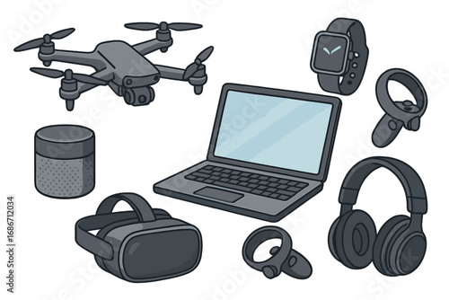 Tech gadgets vector illustration set. Collection of modern electronic devices: drone, laptop, VR headset, smart speaker, headphones, and smartwatch. Isolated cartoon icons.