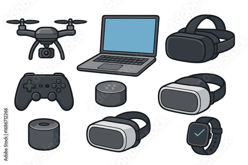 Tech gadgets vector icon set. Collection of modern digital devices. Drone, laptop, VR headset, game controller, smart speaker and watch. Technology and electronics concept.