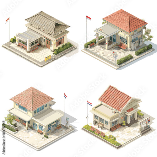 Isometric government office buildings with flags and official architecture, perfect for public service, civic design, and administrative projects.