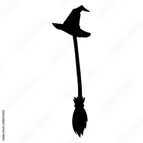 Logo con silueta de sombrero y escoba de bruja para su uso en invitaciones y tarjetas de Halloween
