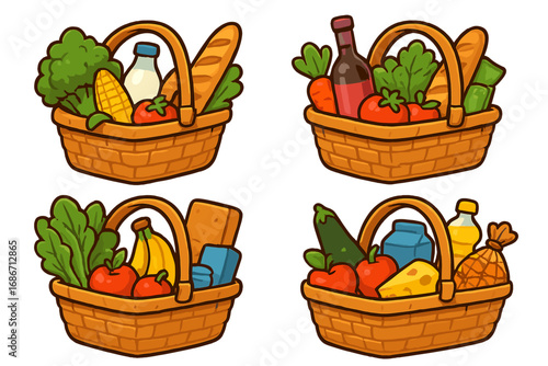 Market baskets vector set. Cartoon shopping baskets full of fresh groceries, organic food, produce, fruit, vegetables. Healthy eating and supermarket shopping concept illustration.