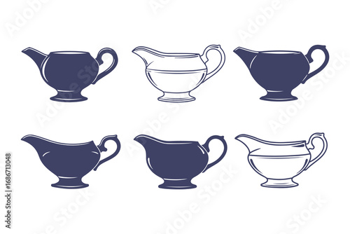 Gravy boat vector icon set. Collection of classic sauce boat illustrations in silhouette and outline styles.