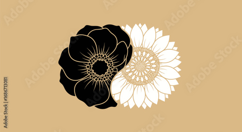 Harmonious pairing of dark and light stylized flowers in a circular emblem.
