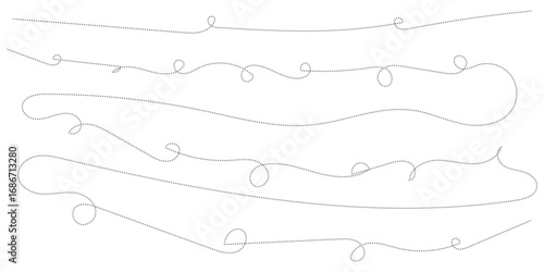 Hand drawn curve dotted line. Curly dotted line. Long dashed hand drawn squiggle. Dotted spiral curve line. Vector illustrator