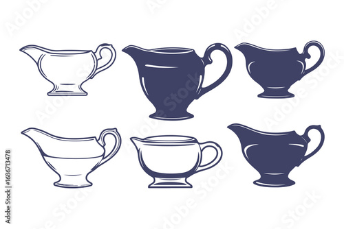 Gravy boat vector icon set. Collection of classic sauce boat illustrations in silhouette and outline styles.
