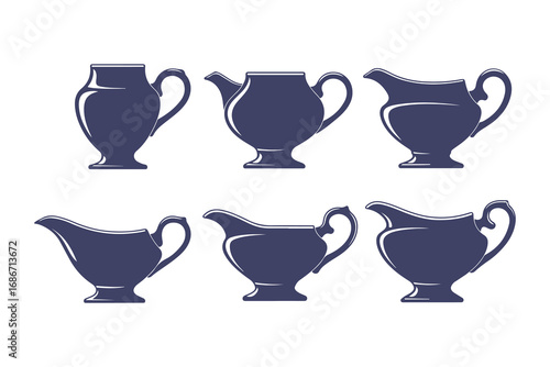 Gravy boat vector icon set. Collection of classic sauce boat illustrations in silhouette and outline styles.