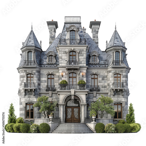 Ornate historic stone mansion with castle like architecture and gardens.