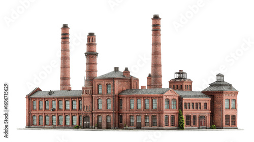 Old Industrial Brick Textile Factory Building with Multiple Tall Chimneys