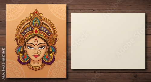 Stunning illustration of Hindu goddess Durga Ma with blank space for design on wood