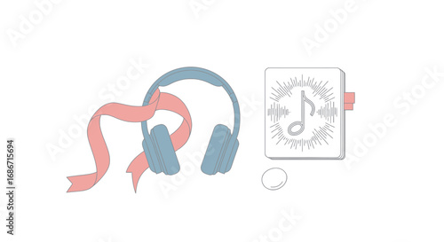 unboxing music headphones, notes, and a pink ribbon, isolated on transparent background