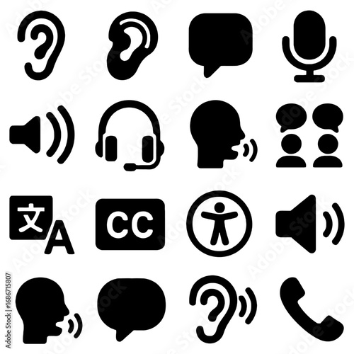 Iconic Communication and Hearing Set: A collection of black, minimalist icons representing communication, hearing, speech and assistive technology in a crisp and clear style.