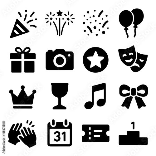 Celebration Symbols Icon Set: A collection of black and white icons, depicting various celebration elements that capture the spirit of events and milestones.