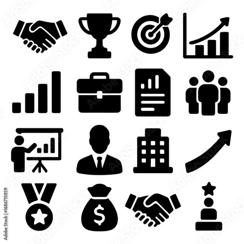 Business Icons: A comprehensive collection of meticulously designed business icons. Featuring handshake, trophy, target, and a growth graph, suitable for a multitude of projects