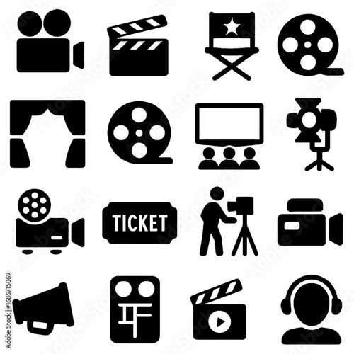 Movie Icon: A collection of iconic symbols representing the essence of filmmaking, perfect for visual storytelling. Capturing the art of cinema.