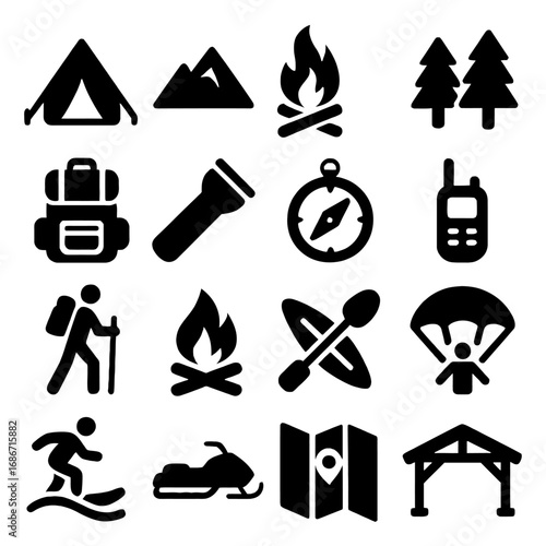 Outdoor Adventure Icons: A collection of bold, black icons representing essential tools and activities for outdoor adventures, from camping and hiking to navigation and extreme sports.