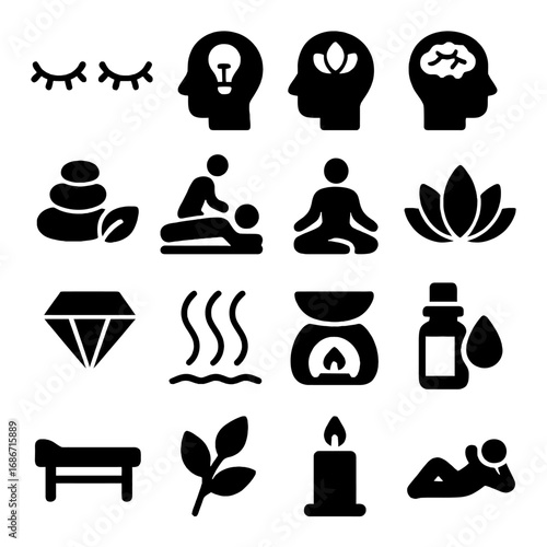 Serene Wellness Collection: A meticulously curated selection of vector icons, representing mindfulness, health, and rejuvenation, including symbols for spa treatments, yoga, and aromatherapy. 