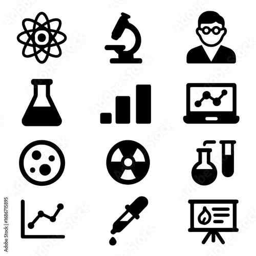 Science Icon Set: A collection of scientific icons meticulously illustrated in a monochromatic palette, symbolizing core concepts in the field of research and study.