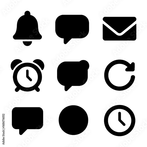 Diverse Icons: A collection of sleek, minimalist icons, each representing essential aspects of modern communication, time management, and user interface design.