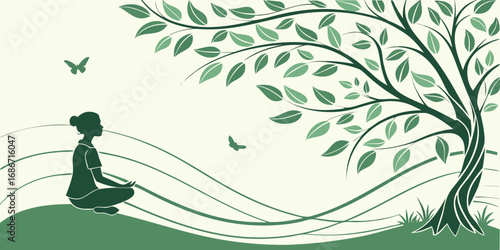 Serene Woman Meditating Under a Lush Tree with Gentle Breezes and Butterflies