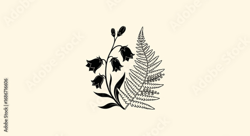 Elegant Black Botanical Illustration of Bell Flowers and Fern Frond.