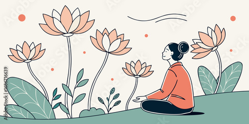 Serene Woman Meditating Amidst Blooming Lotus Flowers in a Peaceful Garden Setting