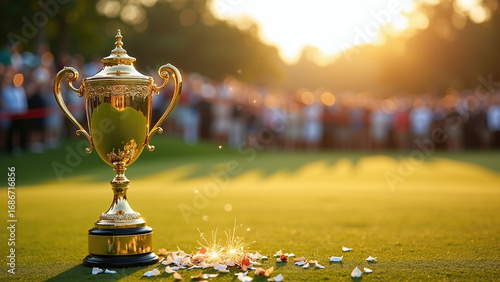 Golden trophy gleams on grass amid confetti and warm light.  
