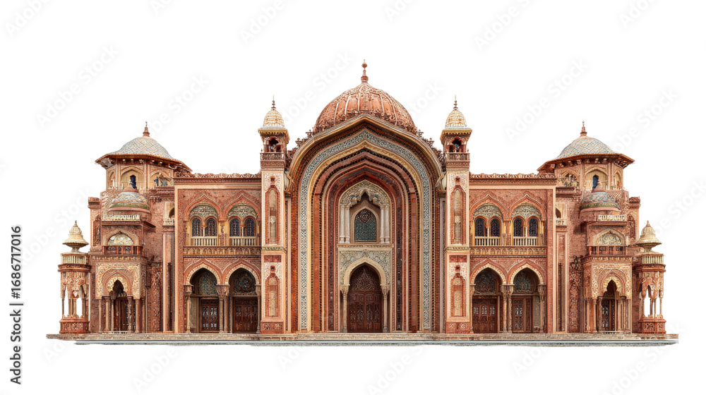 Fototapeta premium Photorealistic Moorish Inspired Brick Palace with Ornate Domes and Arches