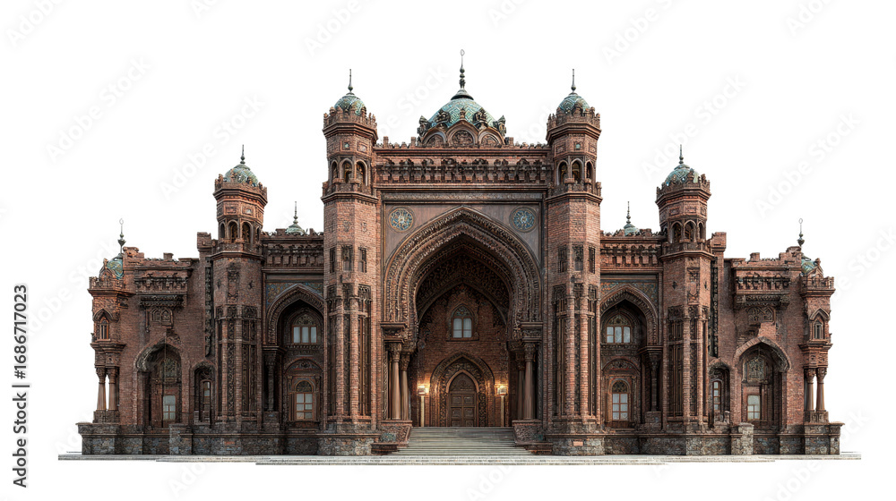 Fototapeta premium Photorealistic Moorish Inspired Brick Palace with Grand Arch and Turrets