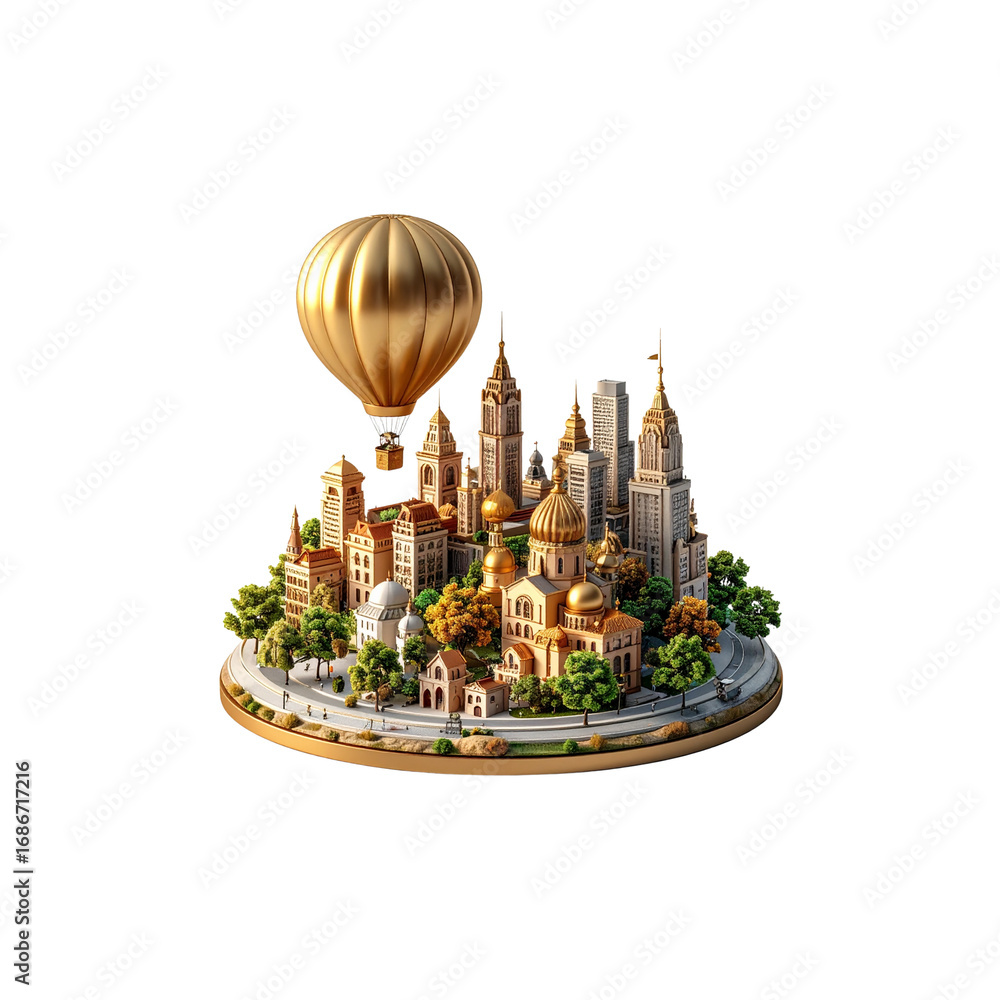 Obraz premium Colorful hot air balloons shaped like cities float in the sky above lush green landscapes