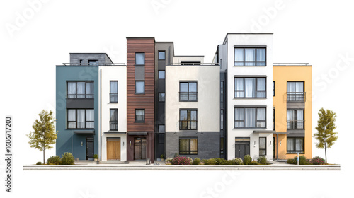 Photorealistic row of modern townhouses with various facades and small trees.
