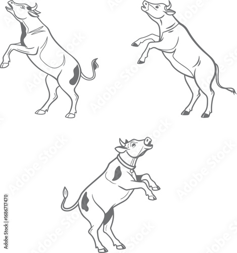 Jumping Cow Pose Vector Line Art Illustrations of a Rearing, Playful Farm Animal

