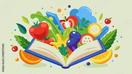 Open book overflowing with colorful fruits and vegetables illustration