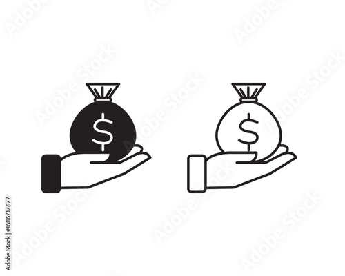 Financial concept illustration featuring a hand holding a money bag with a dollar sign, representing wealth, earnings, investment, and economic transactions