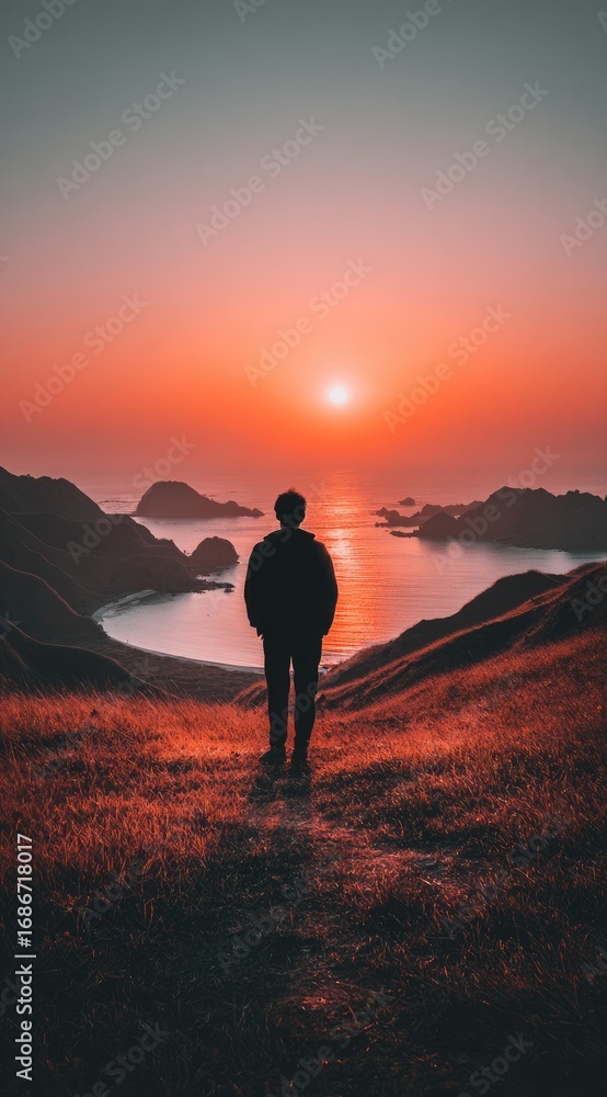 Obraz premium A silhouetted figure stands atop a grassy hill, gazing toward a radiant sunset over an ocean dotted with islands. The warm hues create a serene scene