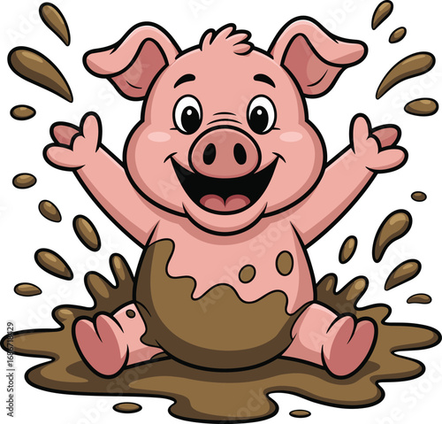 Happy cartoon piglet joyfully playing and splashing in muddy water