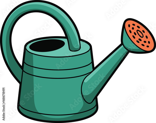 Green cartoon watering can with orange sprinkler head isolated on white background