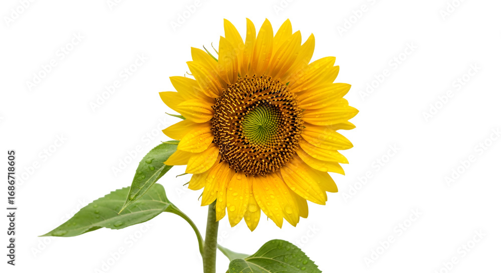 Naklejka premium Radiant sunflower blossom with dew drops against a stark monochrome backdrop