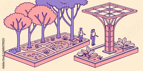 Charming Isometric Park Scene Featuring Lush Trees and a Modern Pavilion with Visitors Enjoying Nature