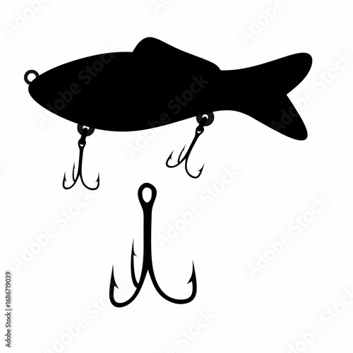 Vector illustration of a fishing hook with a black fake fish bait on a white background. Concept of fishing equipment in the sea.