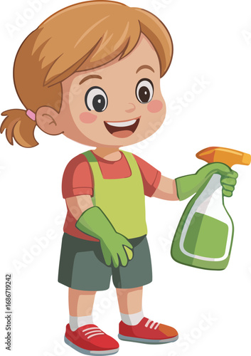 Happy cartoon girl wearing gloves and holding a cleaning spray bottle ready to clean