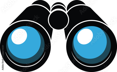 Close up of black binoculars with bright blue lenses on a white background