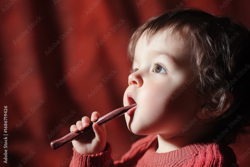 Fototapeta premium Child enjoying a wooden stick in a warm setting with soft lighting