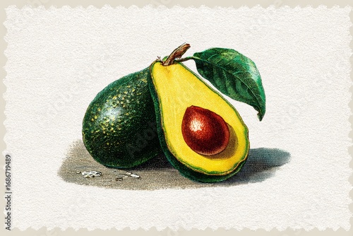 Vintage avocado illustration with leaf and seed detail.