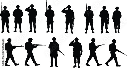Silhouette vector of soldiers standing and walking with rifles, military men in uniform, armed forces, combat readiness, salute gesture, army troop, defense personnel illustration