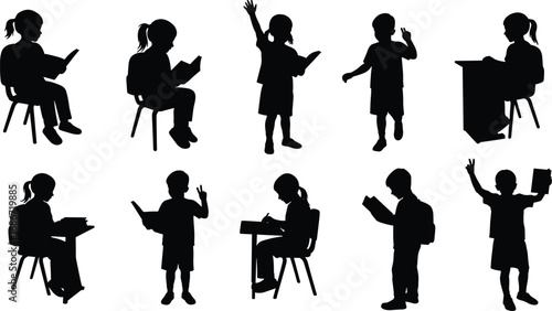 Silhouette of kids reading books, sitting and standing children learning, school education, child reading, classroom activity, young students with books, literacy development, learning process