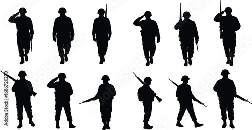 Silhouette vector of soldiers saluting and marching with rifles, military personnel, armed forces, troop movement, army figures, patriotic pose, defense service illustration