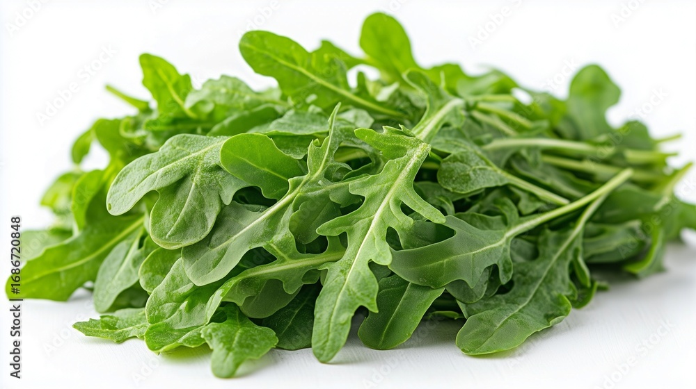 Obraz premium Fresh arugula leaves display their unique texture and vibrant green color against a stark white background creating a striking visual contrast
