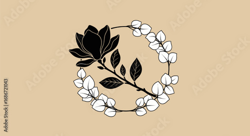 Elegant black magnolia flower with delicate white eucalyptus wreath.